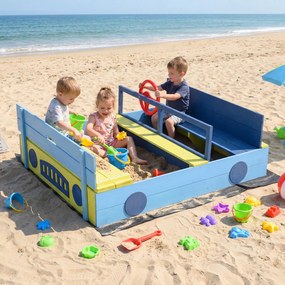 Caixa de areia infantil em madeira com tema de carro 118 x 100 x 40 cm, com capota conversível, bancos, forro e volante, para crianças a partir dos 18