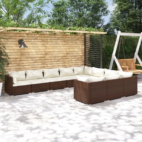 vidaXL 10 pcs conjunto lounge jardim c/ almofadões vime PE castanho