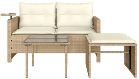 3 pcs conjunto de sofás p/ jardim com almofadões vime PE bege