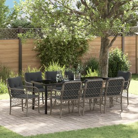 vidaXL Conjunto de Jantar de Jardim de 9 Peças com Almofadas Cinza Vime PE