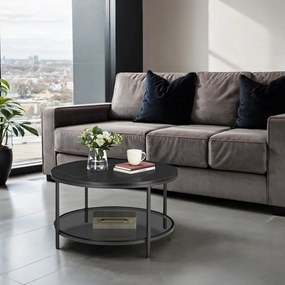 Mesa de sala com tampo em vidro 80 x 46 cm (Ø x A), estilo moderno, efeito mármore-Preto