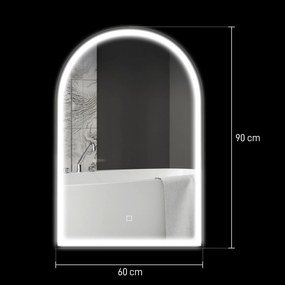 Espelho de casa de banho LED 90 x 60 cm, de parede, 3 cores, moldura arqueada em alumínio, antiembaciamento e interruptor tátil