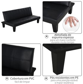 HOMCOM Sofá Cama de 3 Lugares Sofa 2 em 1 Dobrável sem Apoio para os Braços com Estrutura Resistente Pés Elevados Assento Acolchoado Carga 300kg 165x75,5x70cm Preto