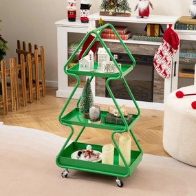 Carrinho de armazenamento em forma de árvore de Natal com 3 níveis, estrela, estrutura metálica e rodas verde