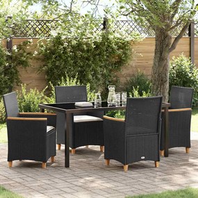 vidaXL Conjunto de Jantar de Jardim de 5 Peças com Almofadas Pretas de Rattan e Poliéster