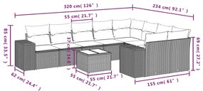 10 pcs conjunto de sofás p/ jardim com almofadões vime PE bege