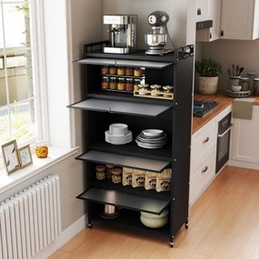 Armário de cozinha 80,5 x 40 x 162 cm de 5 níveis metálico com 4 portas batentes Prateleira com rodas para micro-ondas Preto