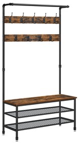 Cabideiro de hall robusto com 9 ganchos e prateleira para sapatos | VASAGLE | 97 x 41,5 x 182 cm | marrom rústico|preto | HSR47BX