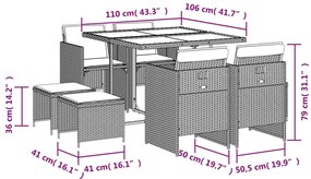 9 pcs conjunto de jantar p/ jardim com almofadões vime PE bege