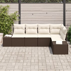 Conjunto de Sofá de Jardim de 5 peças com Almofadas Marrom Rattan Poli