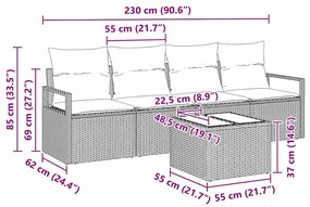 Conjunto de sofá de jardim de 5 peças com almofadas bege em rattan sin