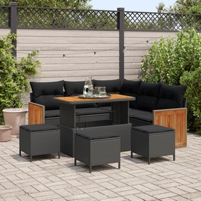 Conjunto de Sofá de Jardim vidaXL com Almofadas Preto Rattan Poli Acác