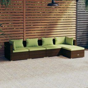 vidaXL 5 pcs conjunto lounge jardim c/ almofadões vime PE castanho