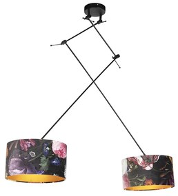 Candeeiro de suspensão preto com abajures de veludo flores com dourado 35 cm 2-luzes - Blitz Clássico / Antigo,Moderno