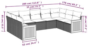 9 pcs conjunto de sofás p/ jardim com almofadões vime PE bege