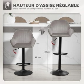 Conjunto de 2 bancos de bar, cadeiras de bar em veludo com encosto, apoio para os pés, altura ajustável e giratórias, na cor cinzenta