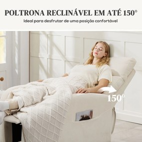 Poltrona Relax Reclinável Manual Estofada em Linho Sintético com Apoio para os Pés e Bolso Lateral 68x90x106 cm Creme