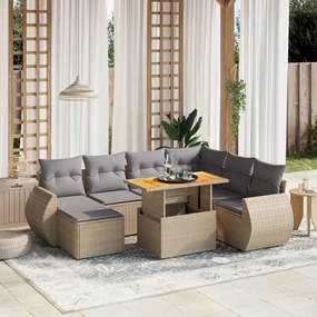8 pcs conjunto de sofás p/ jardim com almofadões vime PE bege