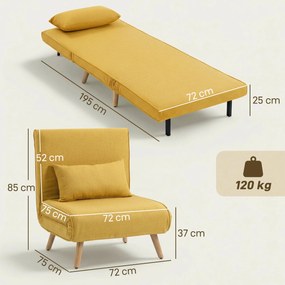 Sofá-Cama Individual Dobrável com Encosto Ajustável em 5 Posições, Sofá-Cama Estofado com Almofada 72x75x85 cm Amarelo