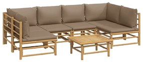 7 pcs conj. lounge jardim bambu c/ almofadões cinza-acastanhado