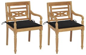 vidaXL Cadeiras Batávia c/ almofadões preto 2 pcs teca maciça