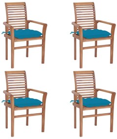 Cadeiras de jantar 4 pcs c/ almofadões azul-claro teca maciça