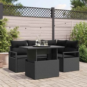 Conjunto de Sofá de Jardim com 5 Peças e Almofadas Preto Vime Poliéster