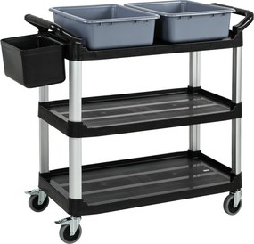 Carrinho de Limpeza com Rodas com 3 Prateleiras 2 Contentores e Balde Lateral Suspenso Carga 100 kg Preto.