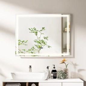 Espelho de casa de banho quadrado LED anti-embaciamento de parede com 3 luzes coloridas e função de memória tátil inteligente 70 x 90 cm Prata