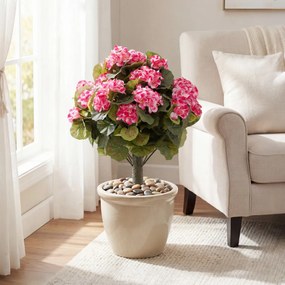Conjunto de 2 árvores topiárias artificiais de begónia com 22 flores (VASOS NÃO INCLUIDOS), 300 folhas e estacas com terra, 57 cm, para interior, exte