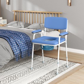 Cadeira sanitária multifunções com balde amovível, altura ajustável, com encosto, assento e braços almofadados, azul