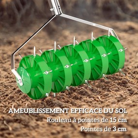Rolo arejador de relva com pega removível em 3 peças, arejador de relva manual, 45 x 21 x 140 cm, verde escuro