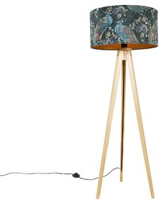 Candeeiro de pé moderno em madeira com abajur em tecido preto com padrão de pavão 50 cm - Tripod Classic Moderno