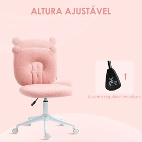 Cadeira de Secretária de Carneirinho Cadeira Infantil Giratória com Encosto em Forma de Urso 50x56x80-90 cm Rosa