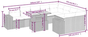 10 pcs conjunto sofás de jardim c/ almofadões vime PE cinzento