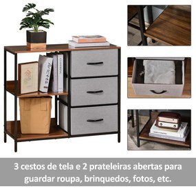 Cómoda de Estilo Industrial com Cestos de Tela Dobráveis e 2 Prateleiras para Dormitório Sala de Estar Corredor 80x29x71cm Nogueira e Cinza Claro