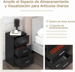 Mesa cabeçeira 38 x 35 x 66 cm com estação de carregamento, 3 gavetas preta