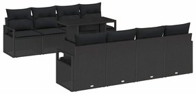 Conjunto de Sofá de Jardim de 9 Peças com Almofadas Preto Rattan PE