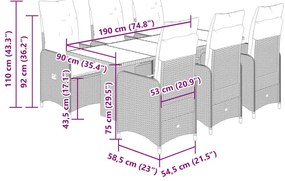 7 pcs conjunto de bistrô para jardim c/ almofadões vime PE bege