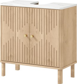 Móvel de casa de banho 60 x 30 x 63 cm para lavatório (NÃO INCLUIDO), com prateleira ajustável e bancada com efeito de mármore, , em cor carvalho