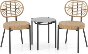 Conjunto jardim PE e Rattan 3 Peças com Mesa de Café em Vidro Temperado e 2 cadeiras para Varanda, Terraço e Pátio Caqui