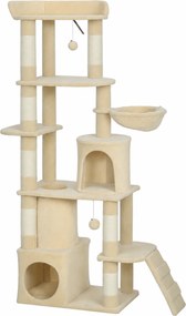 PawHut Arranhador para Gatos Grande com 7 Postes 1 Túnel 3 Plataformas 2 Cavernas 1 Rede 1 Poleiro 1 Rampa Pompons 60x40x170 cm Bege | Aosom Portugal