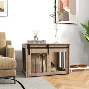 Gaiola para cães e animais de estimação 57 x 80 x 54 cm, para interior, com porta de correr, em metal com efeito de madeira castanho