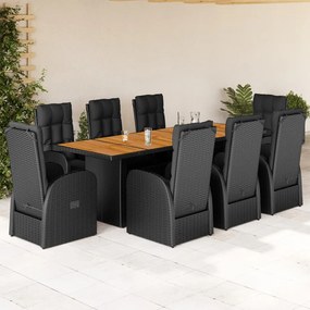 9 pcs conjunto de jantar p/ jardim c/ almofadões vime PE preto