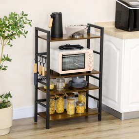 Estante de Cozinha com 4 Prateleiras Ganchos e Sistema Anti-Tombo Estante para Micro-Ondas 65x30x102 cm Castanho Rústico e Preto