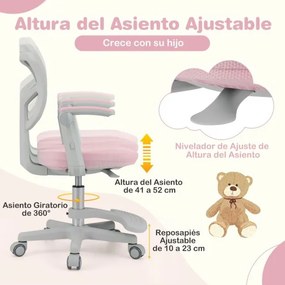 Cadeira de escritório para crianças com apoios de braços, apoio para os pés e rodas universais com altura ajustável 57 x 55 x 80-91 cm Rosa