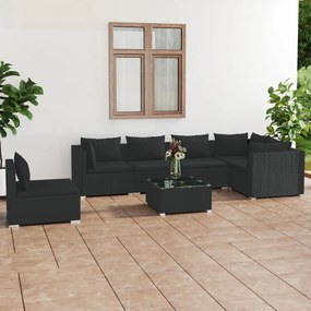 vidaXL 7 pcs conjunto lounge de jardim c/ almofadões vime PE preto