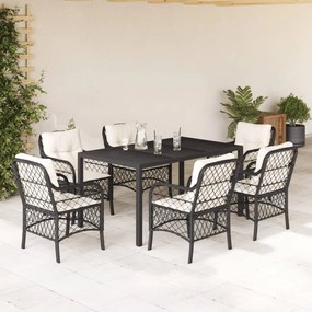 7 pcs conjunto de jantar p/ jardim c/ almofadões vime PE preto