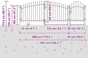 Portão de Jardim com Topo de Lança Cinza 125 x 400 cm em Aço.