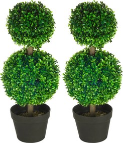 Conjunto de 2 árvores artificiais de buxo com duas esferas, incluindo tronco e vaso - altura 60 cm, verde